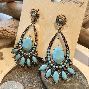 Costume Dangle Earrings Teal Stones & Gold Tone